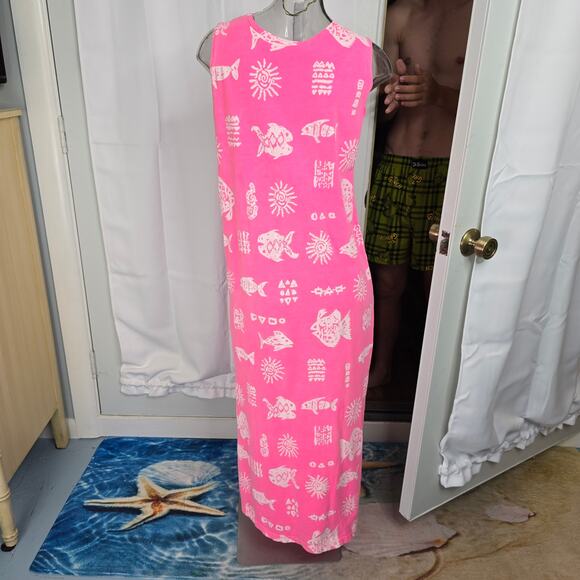 90s Mayan Fish Pink Beach Dress Cruise Loungewear Cotton Vintage Size M - Picture 4 of 9